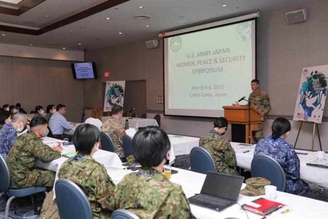 Maj. Gen. JB Vowell, commander of U.S. Army Japan, provides remarks during the command&#39;s inaugural Women, Peace and Security symposium inside the Camp Zama Community Club, Japan, March 6, 2023. The three-day event had speakers, panel discussions and breakout sessions to promote a gendered perspective and women’s equal involvement in decision-making. 