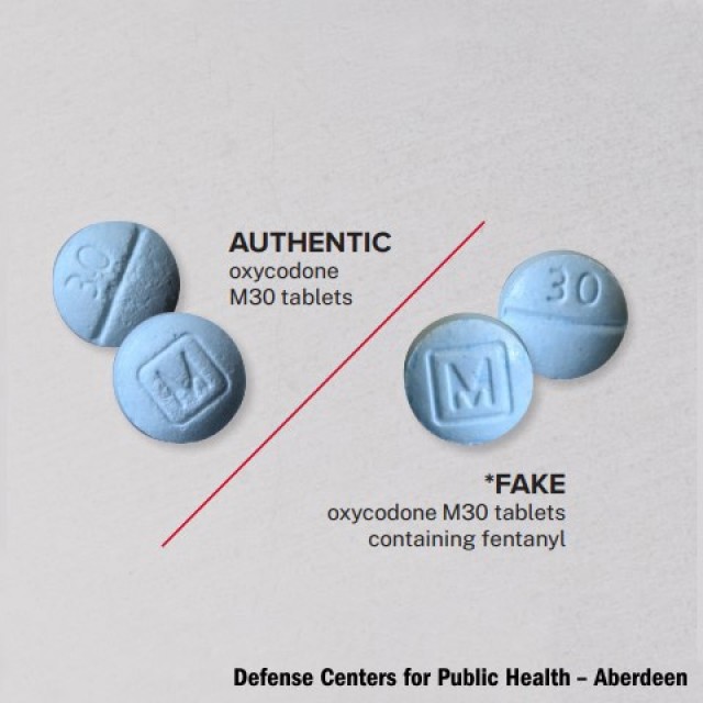 According to the CDC, fentanyl has been found to be 100 times more potent than morphine and 50 times stronger than heroin and is often manufactured in the form of a “fake pill” as a marketing tactic for distributors. The mixing of fentanyl into other substances is often done to manufacture a cheaper substance; however, due to the strong potency, the combination of substances can quickly result in an accidental overdose and unexpected death.  (Defense Centers for Public Health-Aberdeen graphic illustration by Graham Snodgrass)