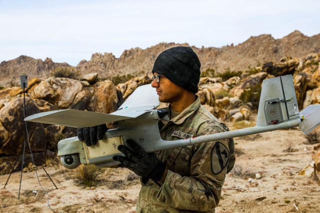 A Trooper from the 1st Squadron, 7th Cavalry Regiment, 1st Cavalry Division tests an unmanned aerial system during Project Convergence 2022, which ran from Sept. 29 through Oct. 9, 2022. The 1-7 CAV was selected to serve as the Division Cavalry Squadron for the division as part of modernizing and reorganizing U.S. Army forces in support of large scale combat operations.