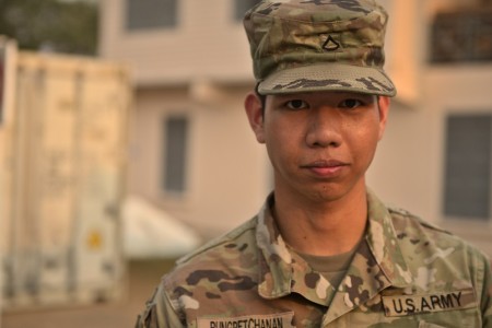 U.S. Army Pfc. Taddanai Rungpetchanan, an information technology specialist of Thai origin assigned to the 51st Expeditionary Signal Battalion, poses for a photo Mar. 6, 2023, in Lopburi, Kingdom of Thailand, as part of Exercise Cobra Gold 2023.