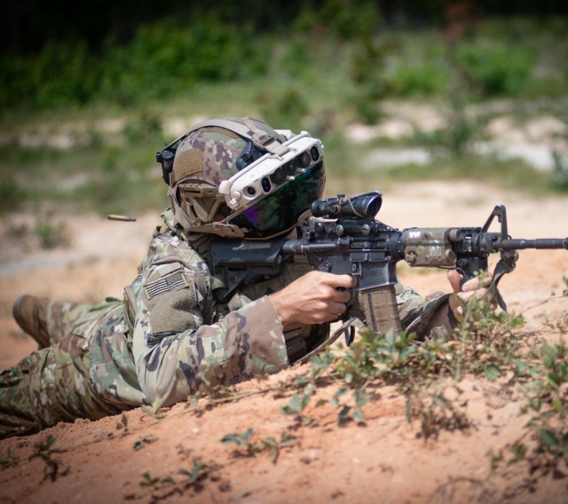 An “Airborne” Soldier with Bravo Company, 2nd Battalion, 501st Parachute Infantry Regiment (PIR), 1st Infantry Brigade Combat Team (IBCT), 82nd Airborne Division, conducting individual tactical live fire during Integrated Visual Augmentation System (IVAS) operational testing at Fort Bragg, North Carolina. 