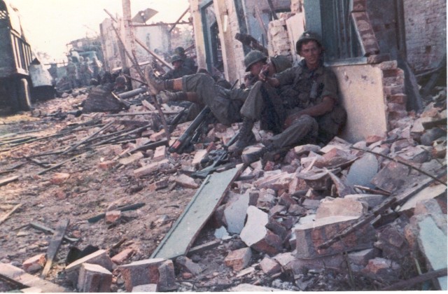 Currahees take cover in Phan Thiet, Vietnam during the Tet Offensive. This was the deadliest time for the unit during the war. 