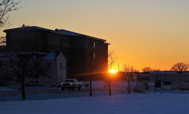 New barracks at Fort McCoy at sunset