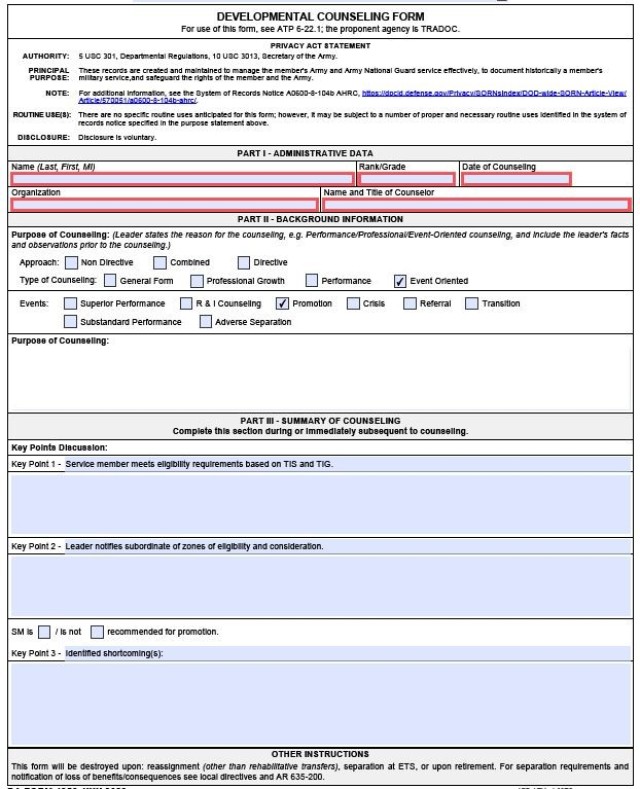 DA Form 4856, Event Oriented, Promotion Counseling view