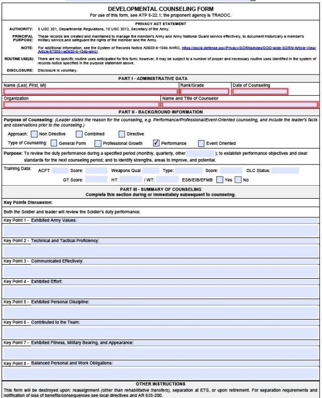 DA Form 4856, Performance Counseling view