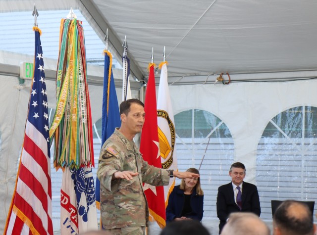 Military Deputy to the Assistant Secretary of the Army for Acquisition, Logistics and Technology (ASA(ALT)) Lt. Gen. Robert L. Marion shares memories of Maj. Gen.  Harold Greene during a plaque rededication ceremony at the Army&#39;s C5ISR Campus, Aberdeen Proving Ground, Maryland.