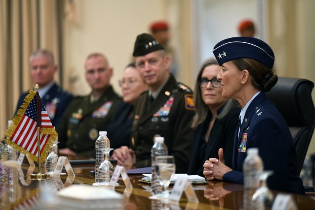 Air Force Maj. Gen. Kerry Muehlenbeck, right, adjutant general, Arizona National Guard, speaks during a meeting with leaders of the Sultan&#39;s Armed Forces in Muscat, Sultanate of Oman, March 13, 2023. Oman and the Arizona Guard signed a security cooperation agreement to pair in the Department of Defense National Guard State Partnership Program immediately after the meeting. (U.S. Army National Guard photo by Master Sgt. Jim Greenhill)