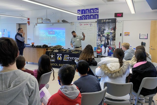 Noel Soto, an electrical engineer at the U.S. Army Combat Capabilities Development Command Soldier Center supports the DEVCOM Science, Technology, Engineering and Mathematics program by visiting local schools and speaking to students about the equipment that Soldiers use daily.