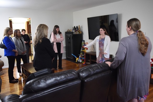 Jamie Mercer, a spouse of a Marine stationed with the Fort Leonard Wood Marine Corps Detachment, gives Donna Berger, wife of  Gen. David Berger, 38th Commandant of the U.S. Marine Corps, a tour of their on-post home during a March 9 visit.
