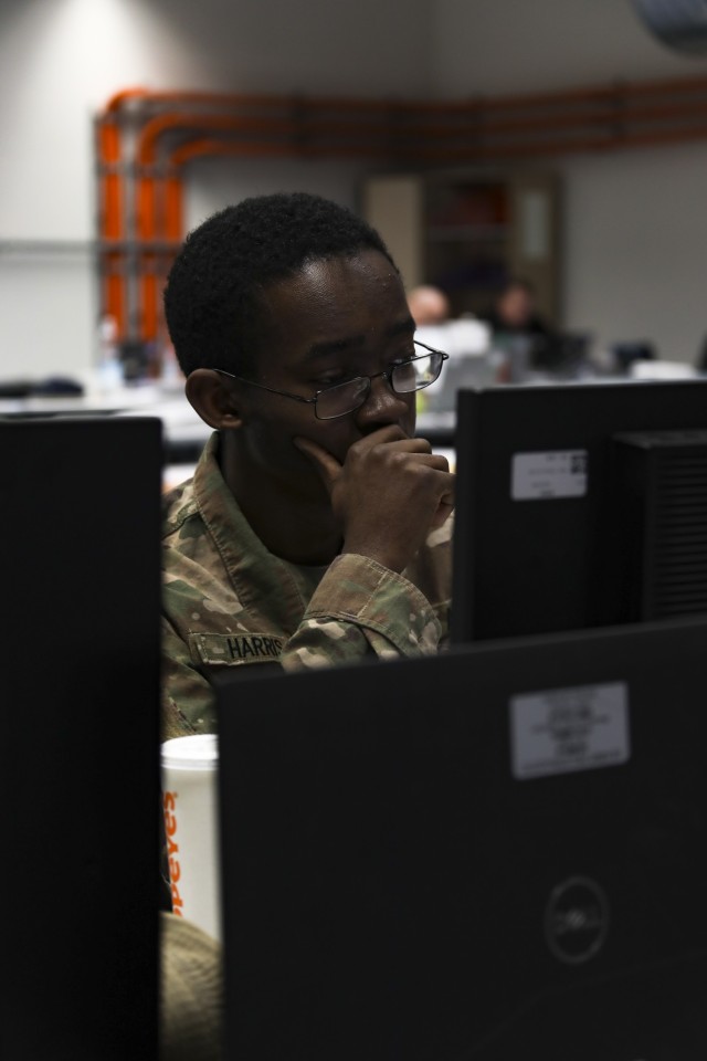 U.S. Army Pfc. Dominic Harris, a Soldier assigned to the 25th Infantry Division, operates on a computer during the Joint Multinational Simulation Center hosted, Allied Spirit 23 Command Post Exercise 1 for Lithuanian and U.S. forces on March 7, 2023 on Camp Aachen at the Grafenwoehr Training Area, Germany. The Allied Spirit 23 CPX 1 is a command post exercise for V Corps with participation of two multinational divisions elements, the Polish 12th Mechanized Division and Lithuanian Mission Command Element, in preparation for V Corps’ Warfighter Exercise (WFX).