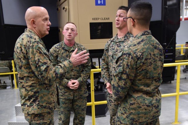 Gen. David Berger, 38th Commandant of the U.S. Marine Corps, talks with Marines with the Motor Transport Instruction Company during his visit to Fort Leonard Wood March 9.