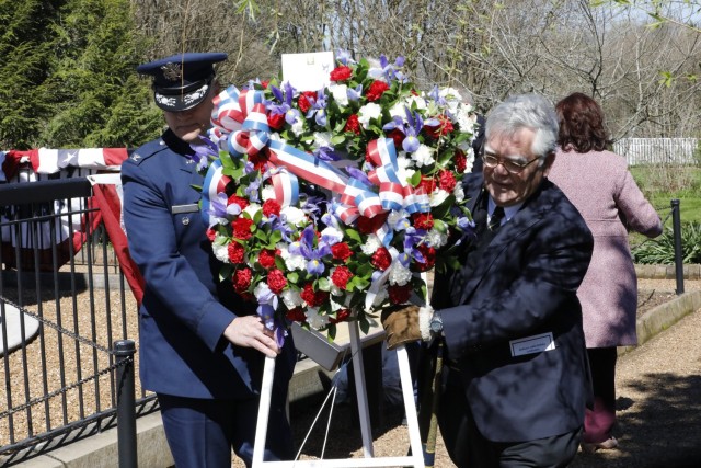 Col. Jason Glass, Tennessee National Guard’s assistant adjutant general–air, and Nashville Mayor John Cooper place a commemorative wreath on former President Andrew Jackson’s tomb at Jackson’s home, The Hermitage, outside Nashville March 15, 2023. The ceremony took place on what would have been Jackson’s 256th birthday.