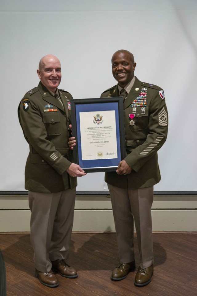 (From left) Maj. Gen. (Retired) Rodney D. Fogg, former Army Materiel Command deputy chief of staff, G3, hosted the retirement ceremony of Former USASAC Command Sgt. Maj. Sean Rice.  Rice retired March 17 with 35 years of service.