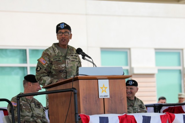 Gen. Charles Hamilton, Army Materiel Command incoming commander gives remarks during AMC’s change of command ceremony March 16 at Redstone Arsenal, Alabama. Hamilton replaced Gen. Ed Daly who served as the commander since July 2020. 