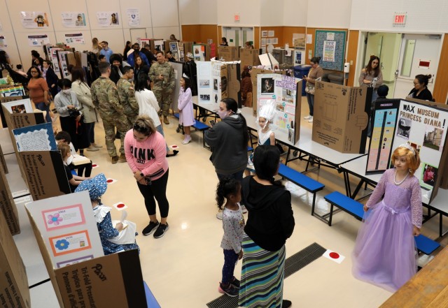 More than 60 fourth graders participate in a living wax museum event in Arnn Elementary School&#39;s cafeteria at Sagamihara Family Housing Area, Japan, March 17, 2023.