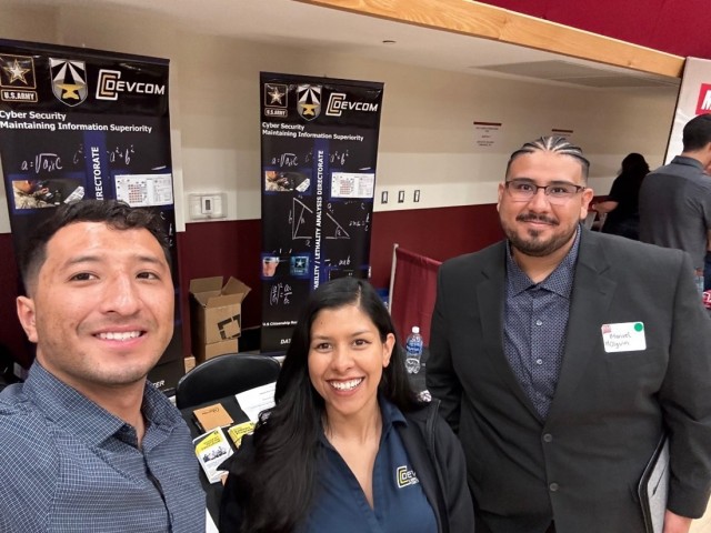 (From left to right) Carlos Ramirez, Herandy Vasquez and Manuel Holguin attended the New Mexico State University Career Fair where they showcased STEM careers at DEVCOM and collected résumés from students interested in pursuing a career at DEVCOM.