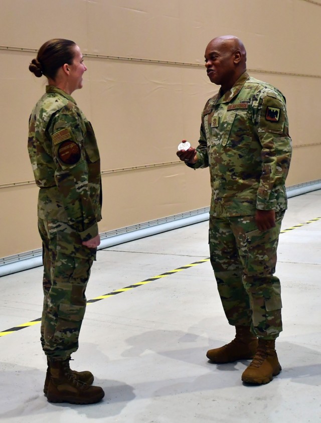 Senior Enlisted Advisor Tony Whitehead, the SEA to the chief of the National Guard Bureau, recognizes an Alaska Air National Guard member during a visit to Joint Base Elmendorf-Richardson, Alaska, Feb. 2, 2023. Whitehead recently participated in a...