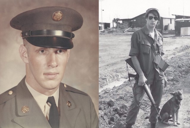 Joseph Bray pictured in his official Army photo, left, and while deployed in Vietnam. Bray served in the 720th Military Police Battalion.