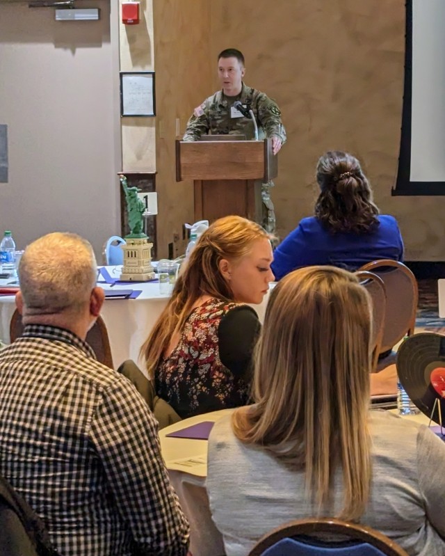 Maj. Jeffrey Lydic, 10th Mountain Division G9 Snap-Link program manager, talks about initiatives that are strengthening the bond between the military and civilian communities during the Fort Drum Educational Liaison Committee meeting March 21 at...