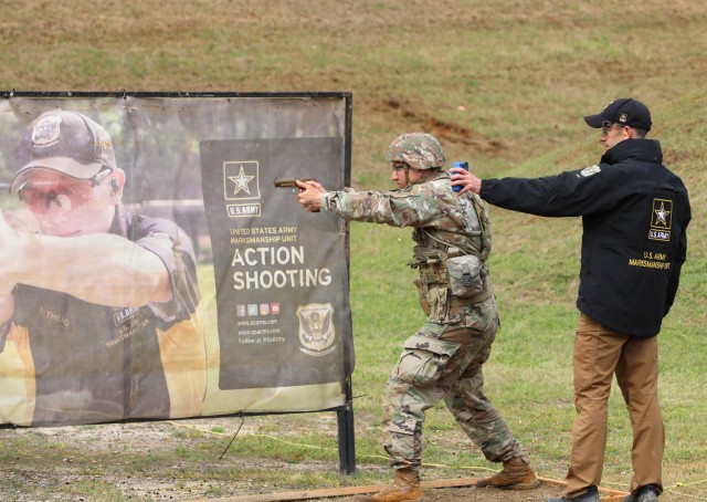 A competitor engages targets at the multi-gun range during the 2023 U.S. Army Small Arms Championship at Fort Benning, GA. Mar. 18, 2023. 260 Soldiers of all components competed for titles and bragging rights in the 2023 U.S. Army Small Arms...