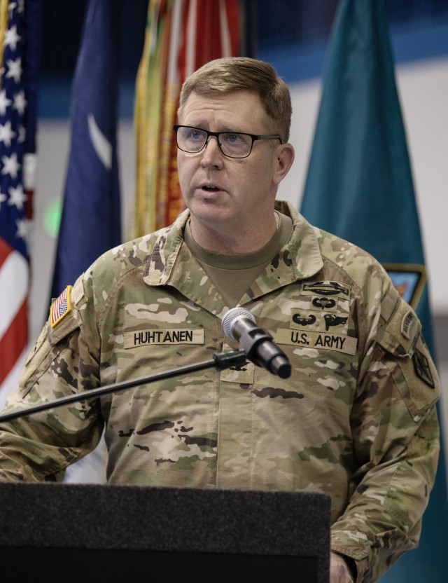 Col. Mark Huhtanen, Army Training Center deputy commanding officer, opens the Fort Jackson Industry Day with a few words. The Industry Day was held March 14 in the Solomon Center on Fort Jackson. 