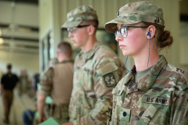 Cadet Jesse Mayer, with Texas A&M Reserve Officers&#39; Training Corps, waits for instructions during the Bullseye Pistol Match.