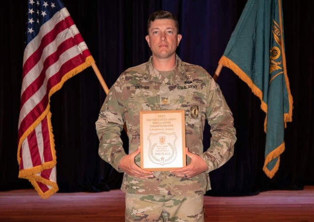 Maj. Ian Swisher, executive officer of the 103rd Brigade Engineer Battalion, 56th Stryker Brigade Combat, placed second overall at the 2023 U.S. Army Small Arms Championships March 12-18 at Fort Benning, Georgia.
