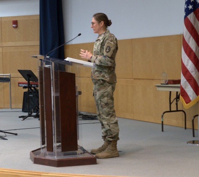 Maj. Shaye Haver, the JTF-NCR/MDW Executive Officer, speaks during the Women’s History Month observance hosted by the Joint Task Force-National Capital Region and the U.S. Army Military District of Washington at the National Defense University’s Lincoln Auditorium on Fort McNair, DC, Friday, March 17, 2023. The program acknowledges the pioneering women, past and present, as important contributors to the achievements of the military services and civilian workforce. 
