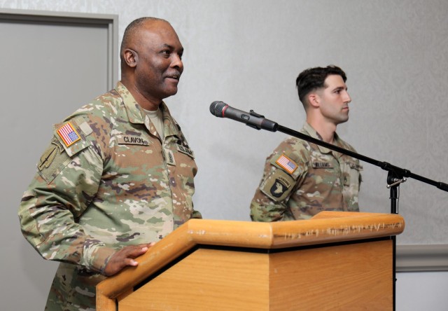 Sgt. Maj. Terri Clavon, chief of the sergeants major branch at U.S. Army Human Resources Command, provides remarks during a noncommissioned officer induction ceremony at the Camp Zama Community Club, Japan, March 22, 2023. Nearly 20 NCOs participated in the ceremony, which was hosted by the 78th Signal Battalion and U.S. Army Aviation Battalion Japan.