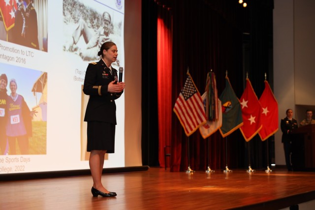 Col. Whitney Jensen addresses the audience at the Maneuver Center of Excellence