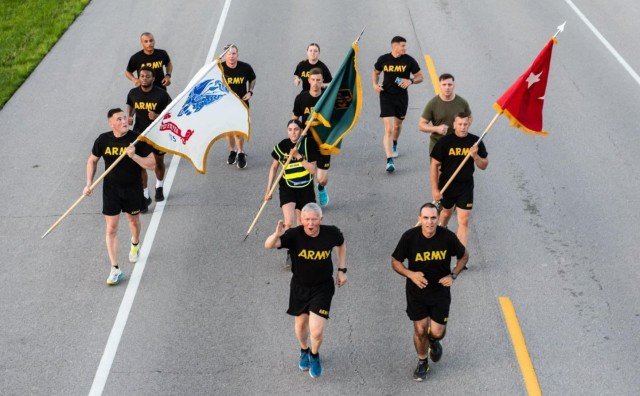 Maneuver Support Center of Excellence 2022 Drill Sergeant of the Year SSG Krista Osborne (center) conducts physical training for the Army Birthday Run at Fort Leonard Wood, Missouri on June 14, 2022. (Courtesy photo provided by: Staff Sgt. Krista...