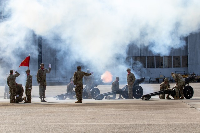 Soldiers assigned to Alpha Battery, 1st Battalion, 41st Field Artillery Regiment, 1st Armored Brigade Combat Team, 3rd Infantry Division, fire blank artillery rounds during the 3rd Combat Aviation Brigade, 3rd Infantry Division, color casing ceremony at Hunter Army Airfield, Georgia, March 23, 2023. 3rd CAB is preparing to support Atlantic Resolve, a nine-month rotation that provides rotational deployments of combat-credible forces to Europe to show our commitment to NATO while building readiness, increasing interoperability and enhancing the bonds between ally partner militaries 
