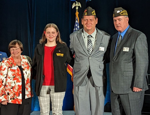 Maribel Sikes, second from left, a Camp Zama military dependent, poses for a photo with representatives from the Veterans of Foreign Wars organization during its legislative conference in Washington, D.C., March 2023. Sikes won the Pacific areas level of a VFW audio essay contest, which highlighted the importance of veterans.