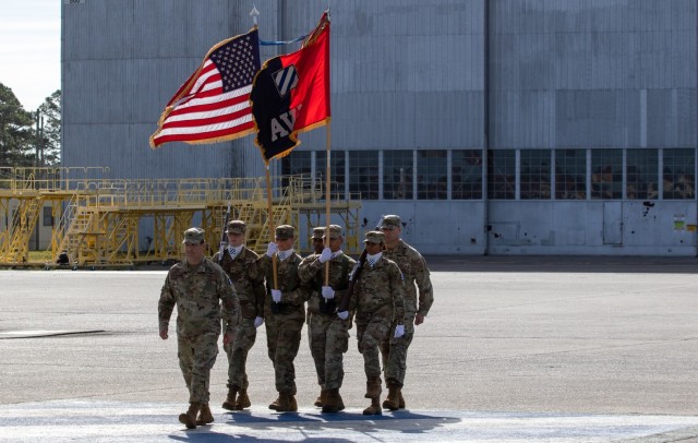 Soldiers assigned to the 3rd Combat Aviation Brigade, 3rd Infantry Division, march with the colors during 3rd CAB’s color casing ceremony at Hunter Army Airfield, Georgia, March 23, 2023. 3rd CAB is preparing to support Atlantic Resolve, a nine-month rotation that provides rotational deployments of combat-credible forces to Europe to show our commitment to NATO while building readiness, increasing interoperability and enhancing the bonds between ally partner militaries.