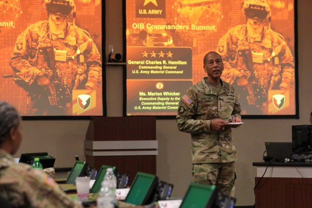 Gen. Charles Hamilton, Army Materiel Command commanding general, speaks to the attendees of the Organic Industrial Base Commander’s Summit at Redstone Arsenal, March 21-22.