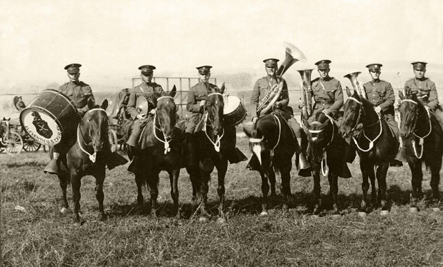 Members of the 11th U.S. Cavalry Regiment’s mounted band at the Presidio of Monterey, Calif., 1920s.