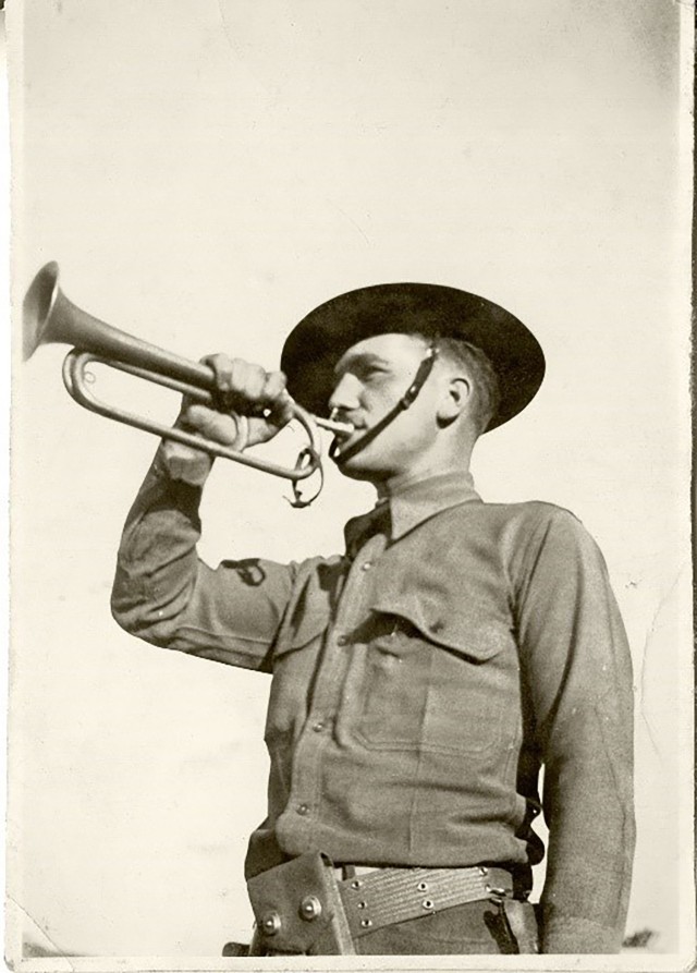 A U.S. Army bugler at the Presidio of Monterey, ca. 1936-1939.