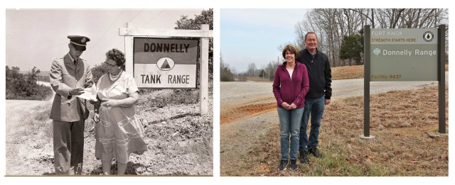 Taken over 60 years apart in the same place, members of the Donnelly family visit the Fort Knox range named for 1st Lt. James Donnelly. Donnelly’s mother (left) visited the range in 1957 and nephew James (right) with his wife Susan visited March...