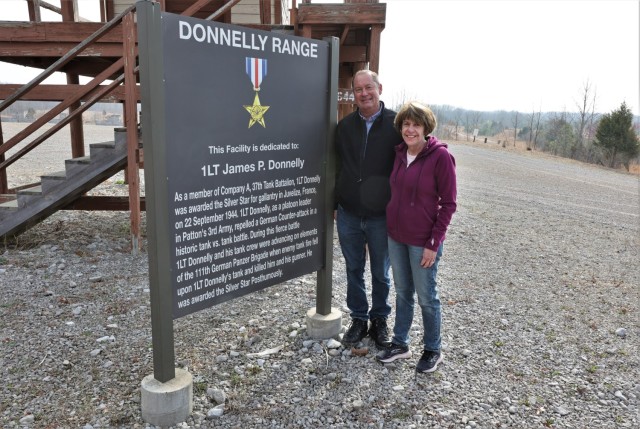 James Donnelly, with his wife Susan, visit Donnelly Range at Fort Knox March 28, 2023. The range is named for his uncle, 1st Lt. James Donnelly, who was killed in World War II.