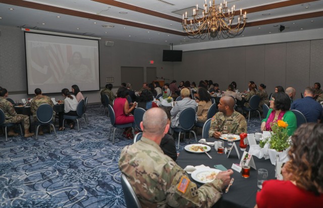 Community members attend a luncheon in honor of Women&#39;s History Month at the Camp Zama Community Club, Japan, March 30, 2023. The Camp Zama community celebrated the observance with a week of various events to highlight and empower women on the installation.