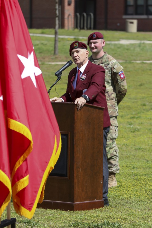 Retired Command Sgt. Maj. William J. Gainey, the first Senior Enlisted Advisor to the Chairman of the Joint Chiefs of Staff, speaks at the uncasing ceremony of Gainey Company on Fort Bragg, N.C., March 29, 2023. The uncasing ceremony will allow for the company to unveil their guidon and formally begin operations. (U.S. Army photo by Spc. Lilliana Magoon)