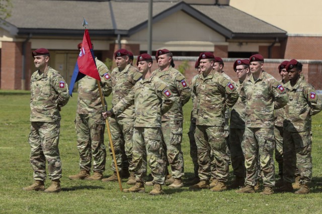 220305-A-RV181-1003: Paratroopers of Gainey Company, Headquarters and Headquarters Battalion, 82nd Airborne Division stand in formation during the uncasing ceremony of Gainey Company on Fort Bragg, N.C., March 29, 2023. The uncasing ceremony will allow for the company to unveil their guidon and formally begin operations. (U.S. Army photo by Spc. Lilliana Magoon)