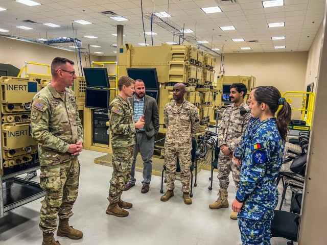 Brig. Gen. Brad Nicholson, U.S. Army Security Assistance Command commander, visits with soldiers from allied partner nations in Fort Sill’s Patriot General Instruction Facility during a recent visit. 