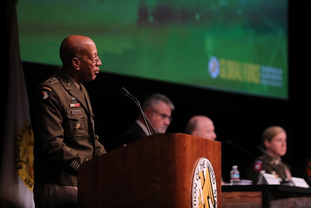 Gen. Charles Hamilton, Army Materiel Command commander, gives opening remarks for the Contemporary Military Forum on “Sustaining the Army of 2040” at the Association of the U.S. Army Global Force Symposium, March 29.
