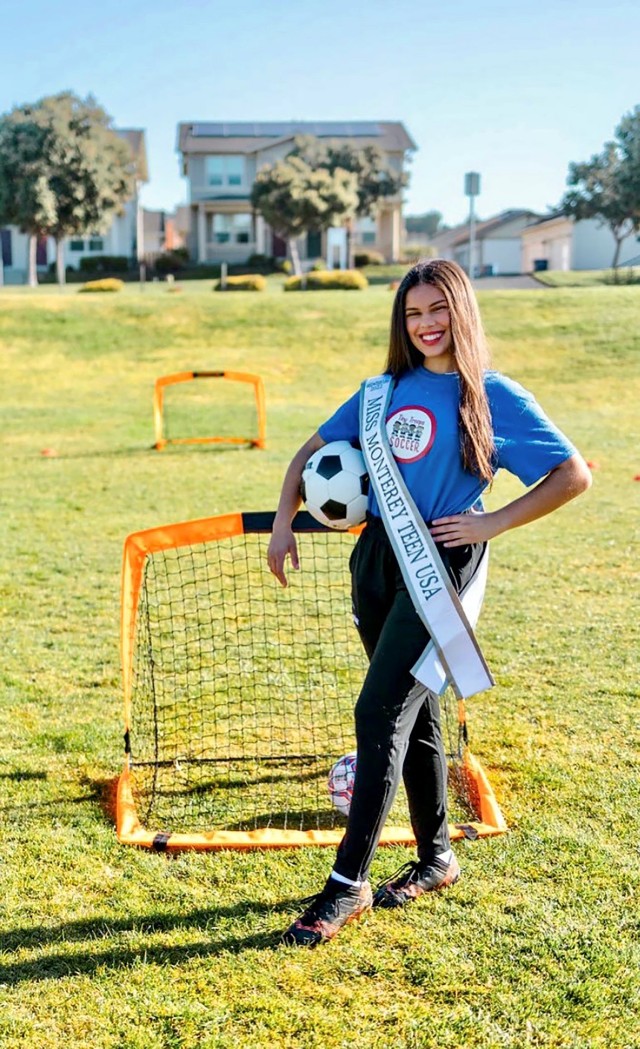 Harmony Jones, a military child and senior at the Stevenson School in Pebble Beach, Calif., poses for a photo wearing her Miss Monterey Teen USA sash.