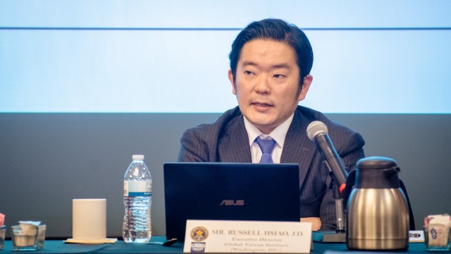 Dr. Russell Hsiao’s, Global Taiwan Institute, Washington, makes opening remarks during the CASO panel presentation on ‘Chinese Leadership’s Increased Powers: Implications for Global Security’ Tuesday, March 21, at Fort Leavenworth’s Lewis and Clark Center.