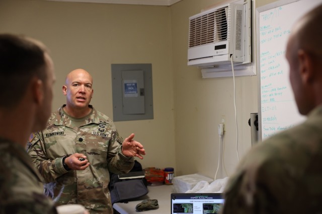 SCHOFIELD BARRACKS, Hawaii – Lt. Col. Ben Klimkowski, commander, 11th Cyber Battalion, briefs the 780th Military Intelligence (Cyber) command team on the concept of operations for a collaborative exercise in which his battalion’s Expeditionary Cyber-Electromagnetic Activities Team-01 used innovative technology to refine tactical Cyber-Electromagnetic Activities concepts, during an Operational Readiness Assessment here, March 29, 2023.