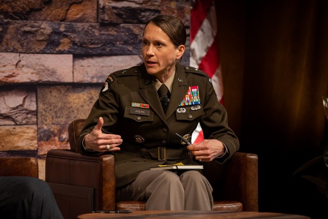 Brig. Gen. Stephanie R. Ahern, Director of Concepts at the Futures and Concepts Center, speaks about the Future Operational Environment during a fireside chat at AUSA Global Force in Huntsville.