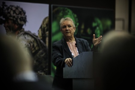 Marion Whicker, AMC’s executive deputy to the commanding general, briefs industry and Army experts on the Organic Industrial Base Modernization Implementation Plan at the Association of the U.S. Army Global Force Symposium, Mar...