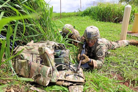 SCHOFIELD BARRACKS, Hawaii – 2nd Lt. Joe Larouche, mission commander for the 11th Cyber Battalion’s Expeditionary Cyber-Electromagnetic Activities Team-01, communicates with his higher headquarters about his team’s mission, whi...